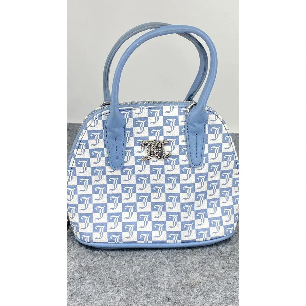 Juicy Couture Blue White Checkered Monogram Mini Dome Satchel Purse Rhinestone